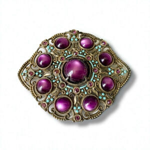 Vintage Filigree Brooch Purple Glass Cabochons & Turquoise Beads Art Deco